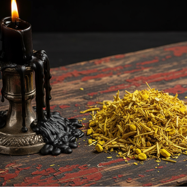 Yellow herbs on weathered red board with drippy candle