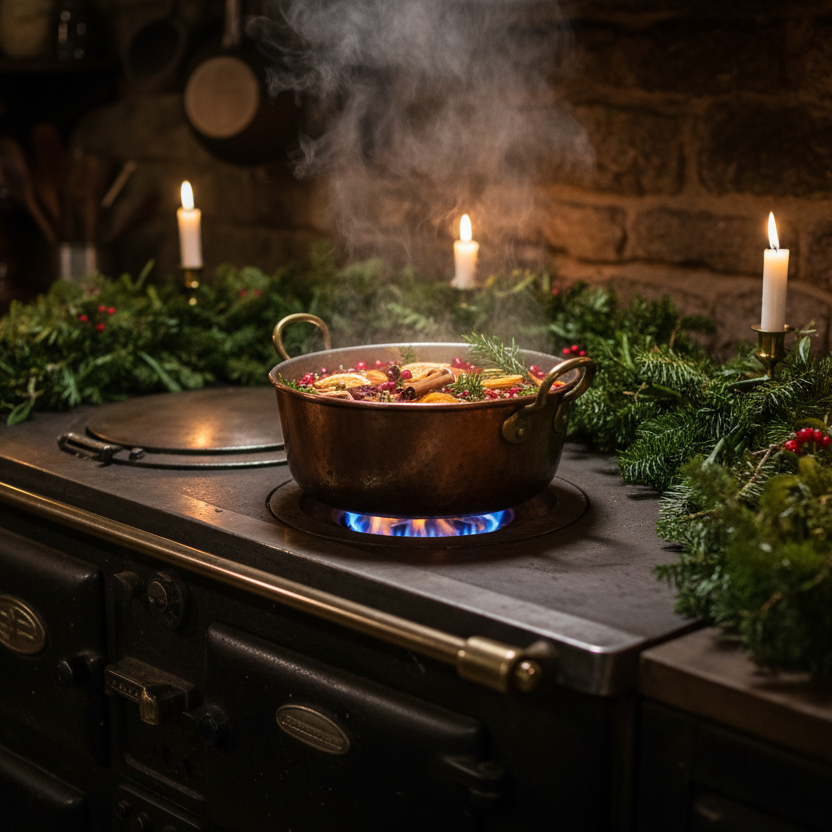 Yule simmer pot on kitchen range with flames
